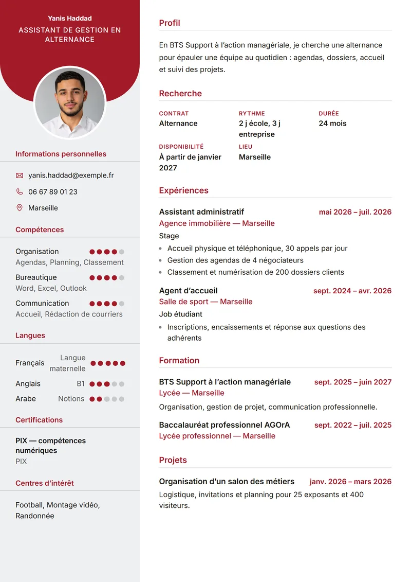 Première page du CV de Yanis Haddad, Assistant de gestion en alternance