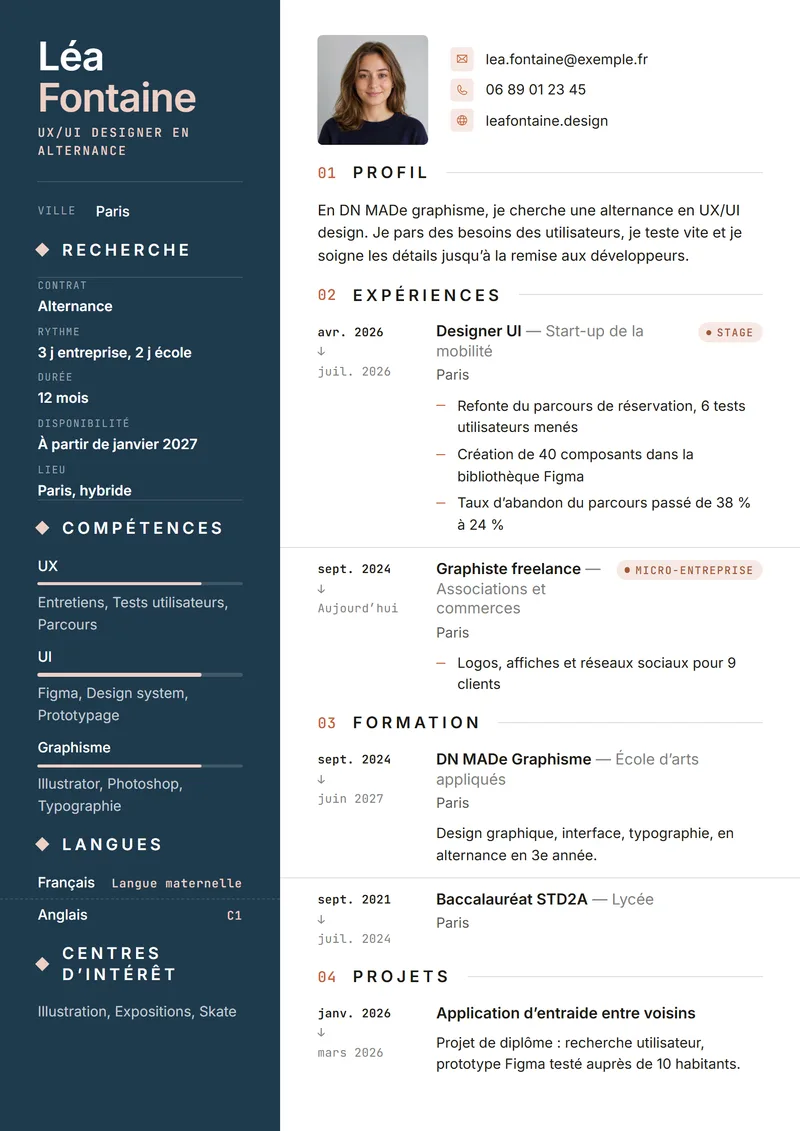 Première page du CV de Léa Fontaine, UX/UI designer en alternance