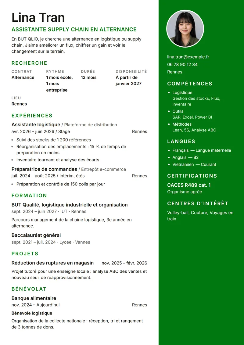 Première page du CV de Lina Tran, Assistante supply chain en alternance