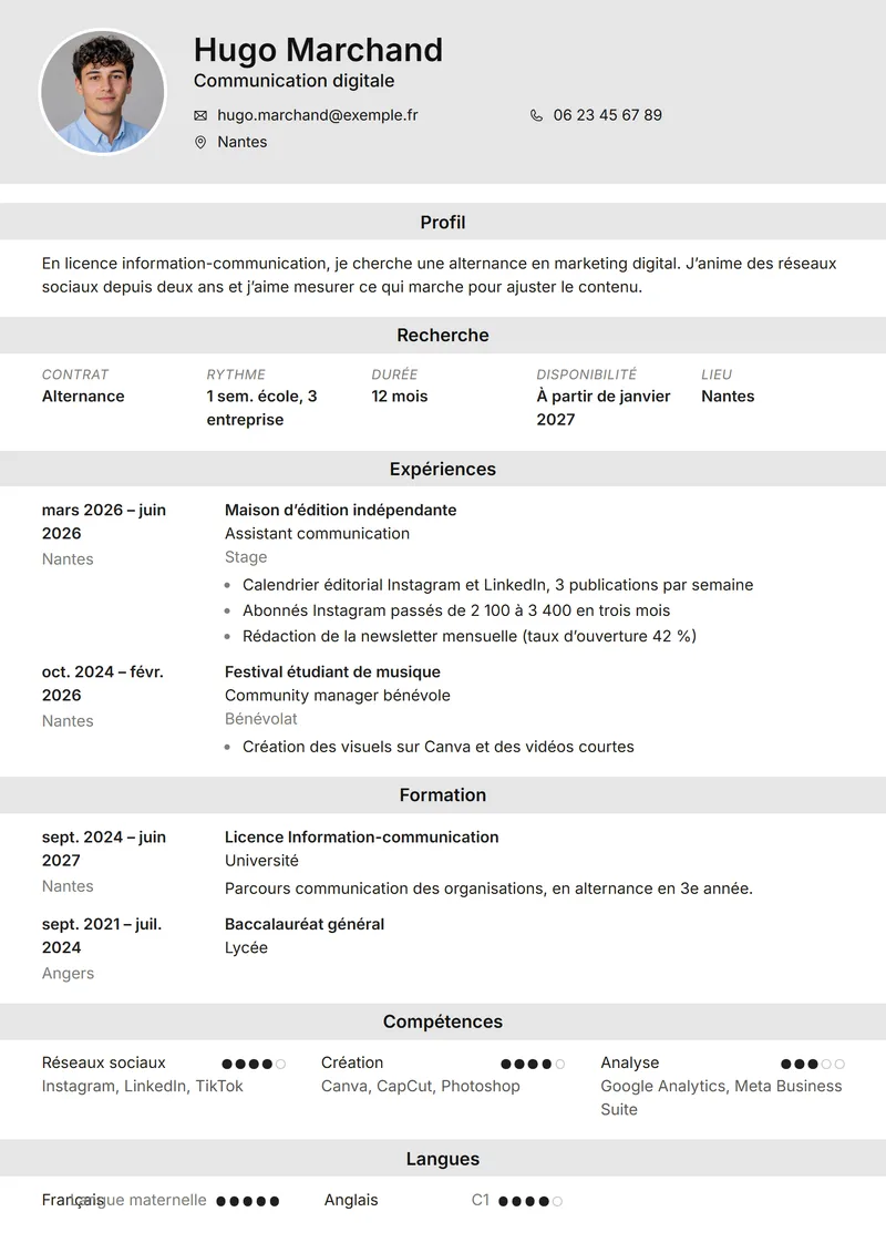 Première page du CV de Hugo Marchand, Communication digitale