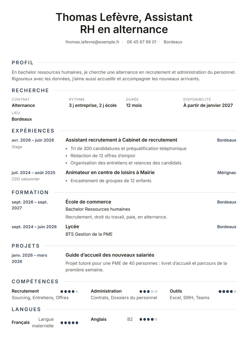 Première page du CV de Thomas Lefèvre, Assistant RH en alternance