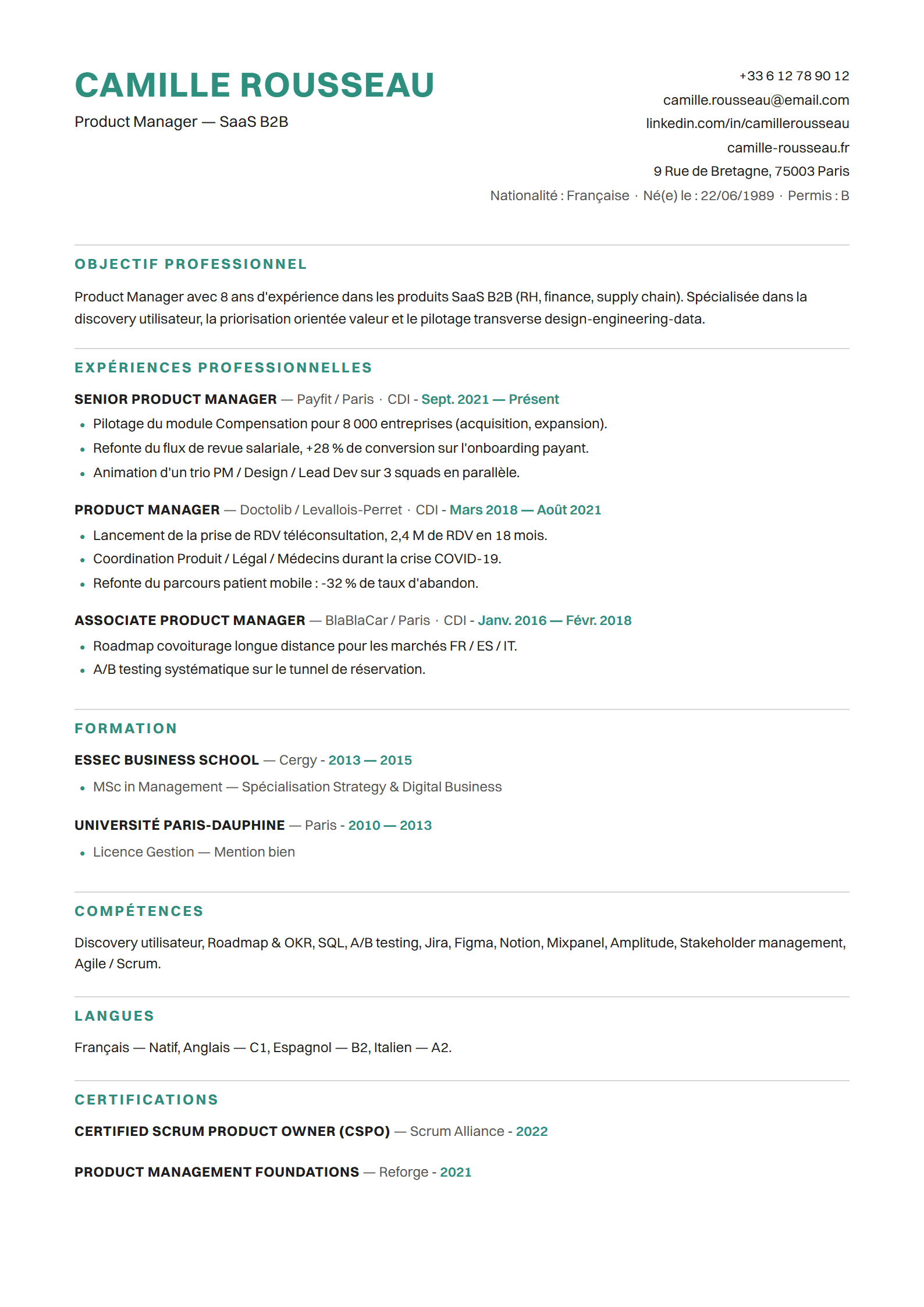 Modèle de CV Tealine