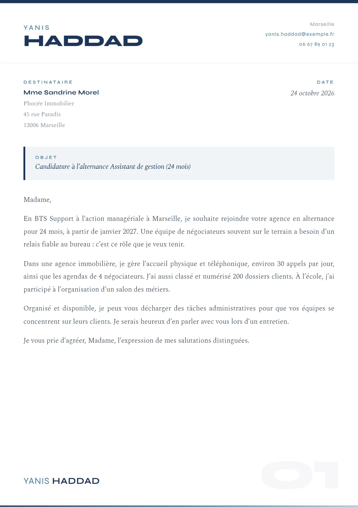 La lettre de Yanis Haddad, Assistant de gestion en alternance