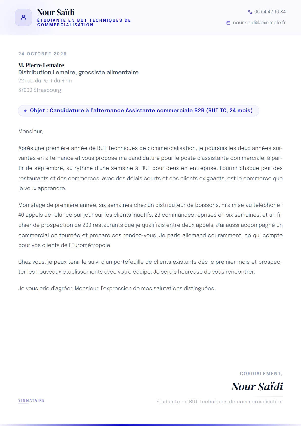 La lettre de Nour Saïdi, Étudiante en BUT Techniques de commercialisation