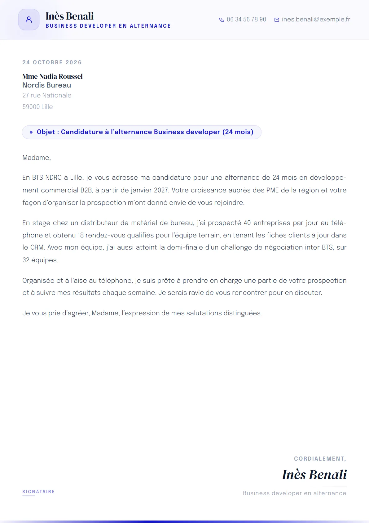 La lettre de Inès Benali, Business developer en alternance