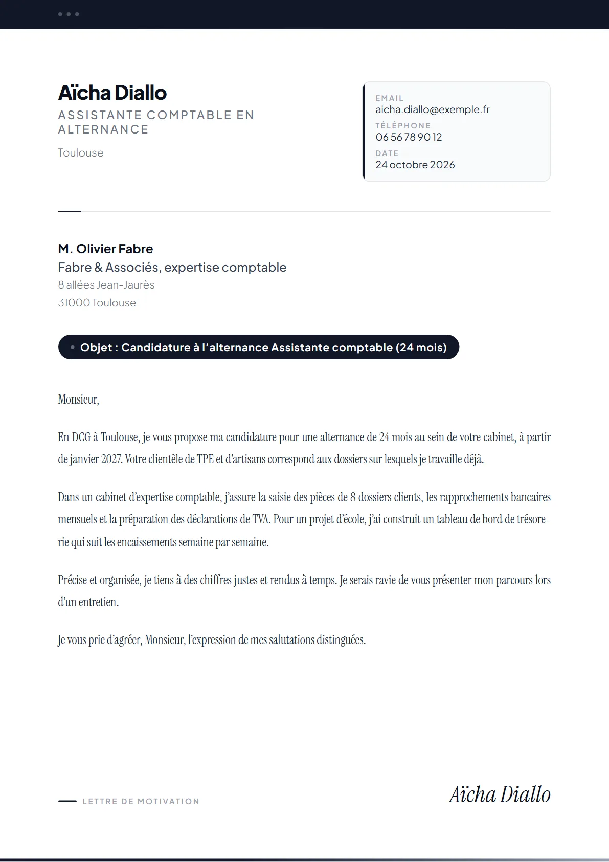 La lettre de Aïcha Diallo, Assistante comptable en alternance