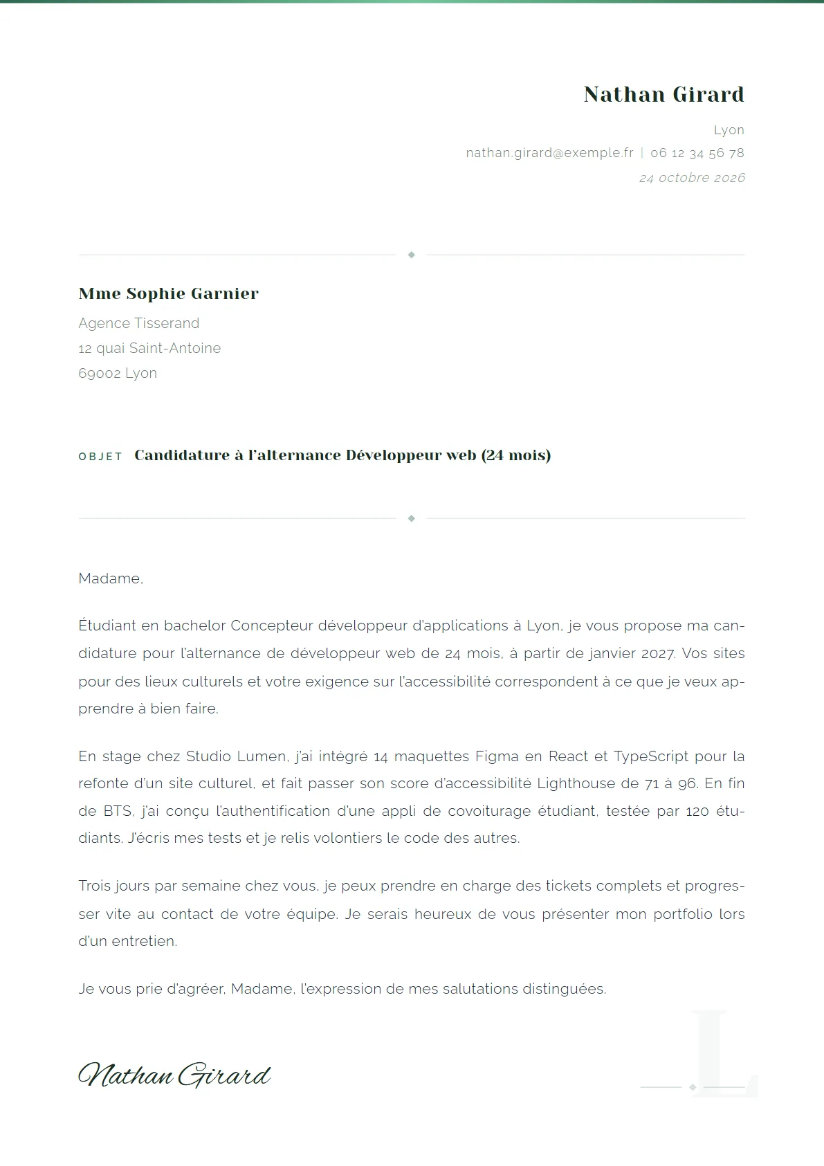 La lettre de Nathan Girard, Développeur web en alternance