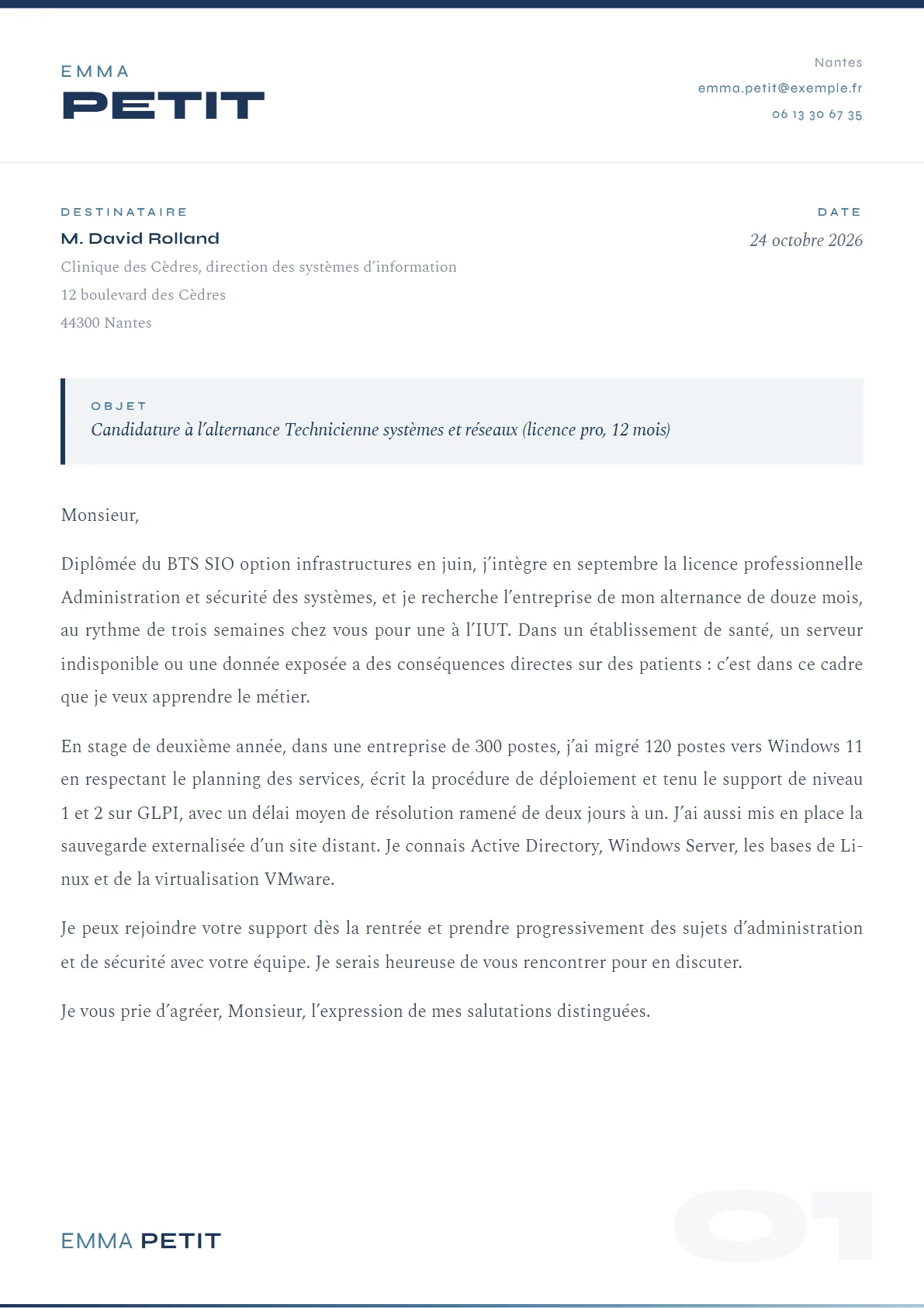 La lettre de Emma Petit, Étudiante en licence pro informatique