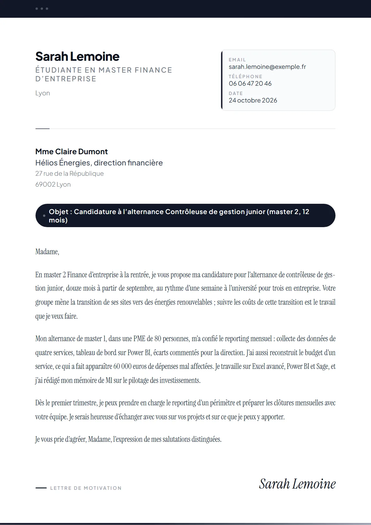 La lettre de Sarah Lemoine, Étudiante en master Finance d’entreprise
