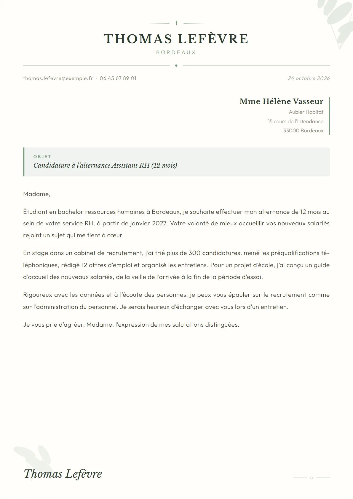 La lettre de Thomas Lefèvre, Assistant RH en alternance