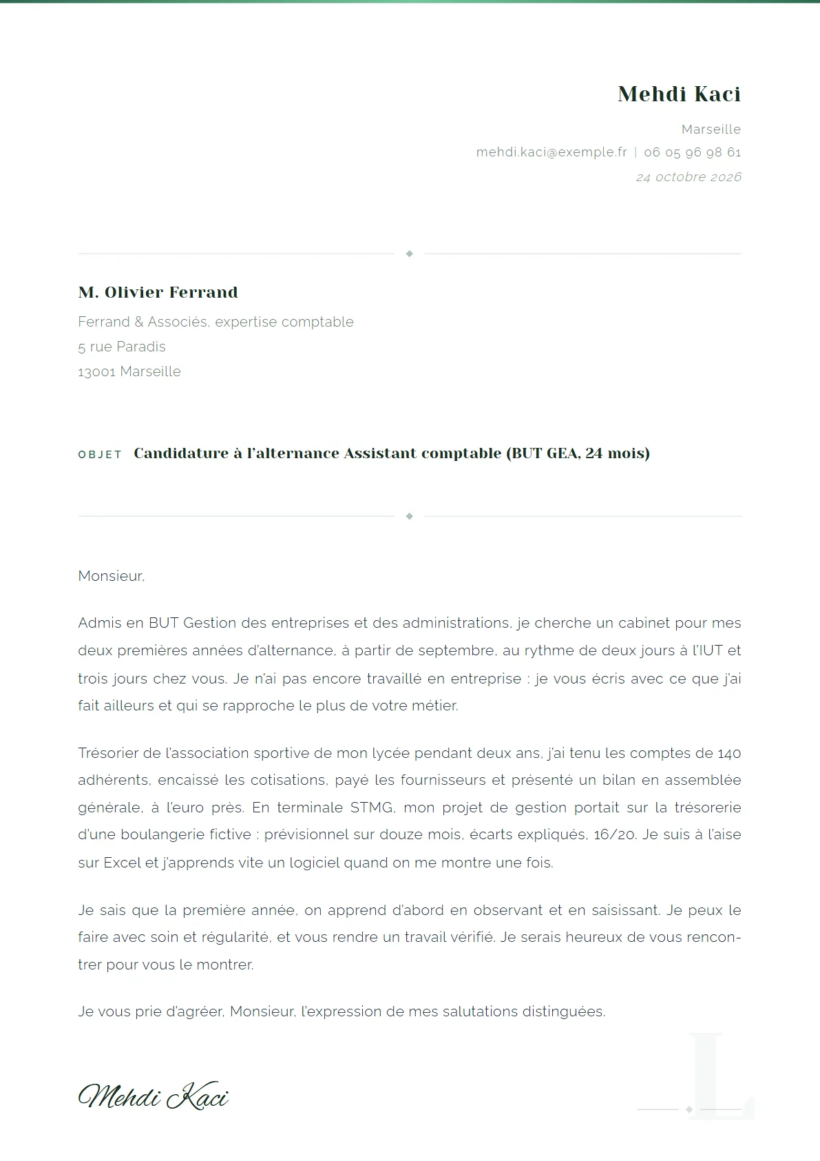 La lettre de Mehdi Kaci, Étudiant en BUT GEA