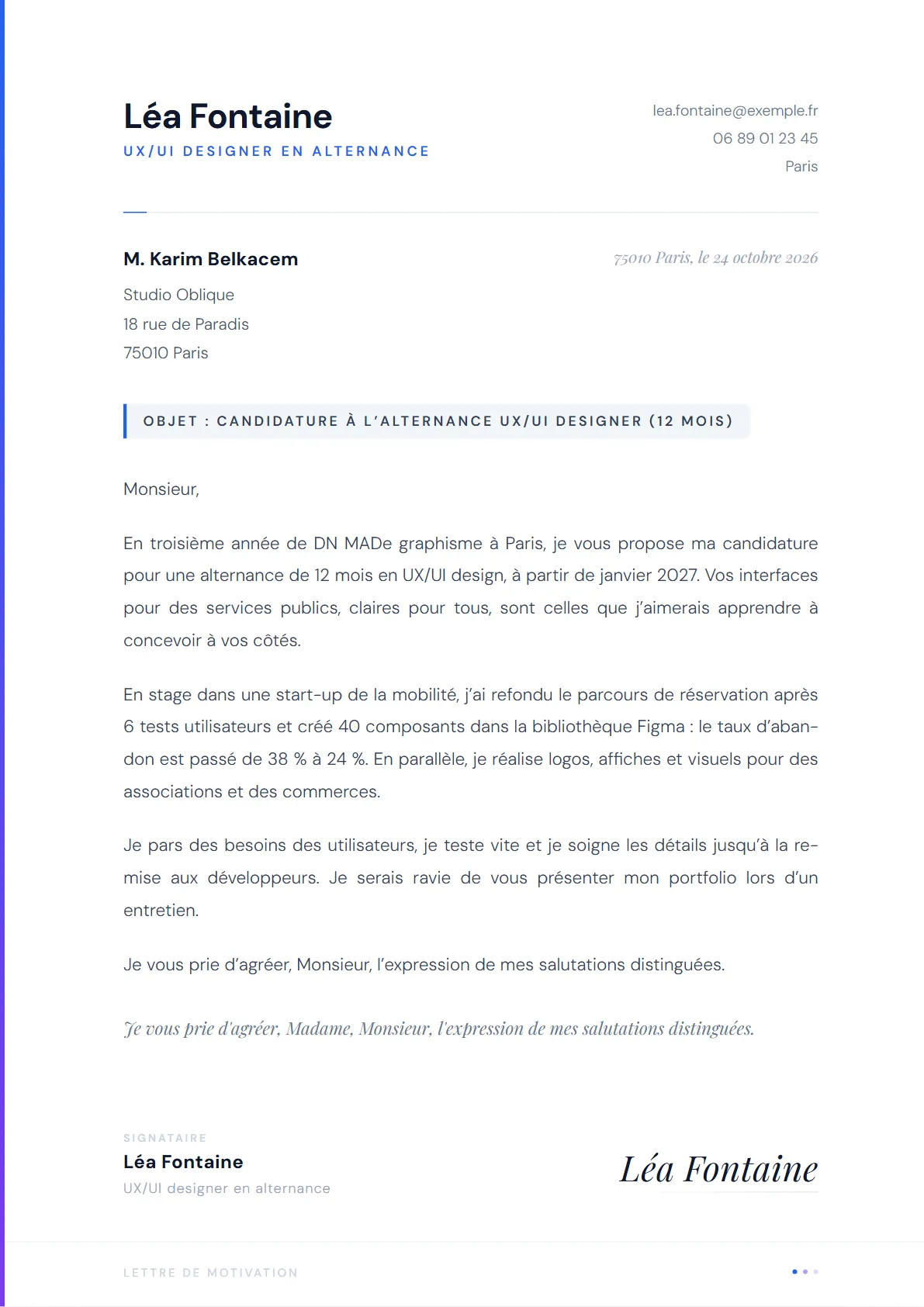La lettre de Léa Fontaine, UX/UI designer en alternance