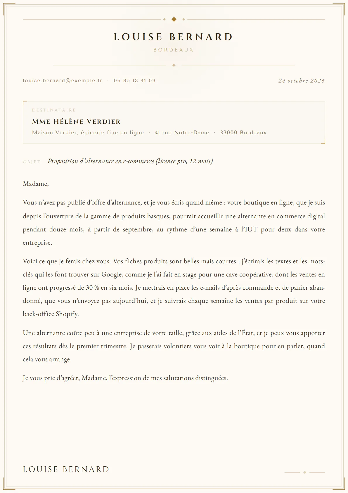 La lettre de Louise Bernard, Étudiante en licence pro Commerce digital