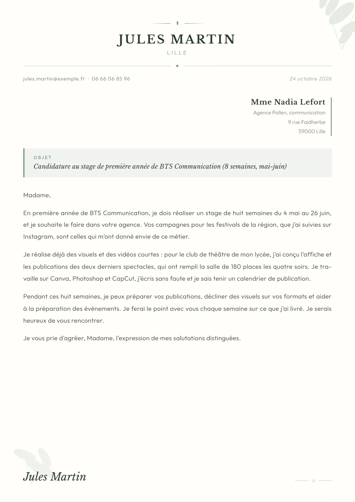 La lettre de Jules Martin, Étudiant en BTS Communication