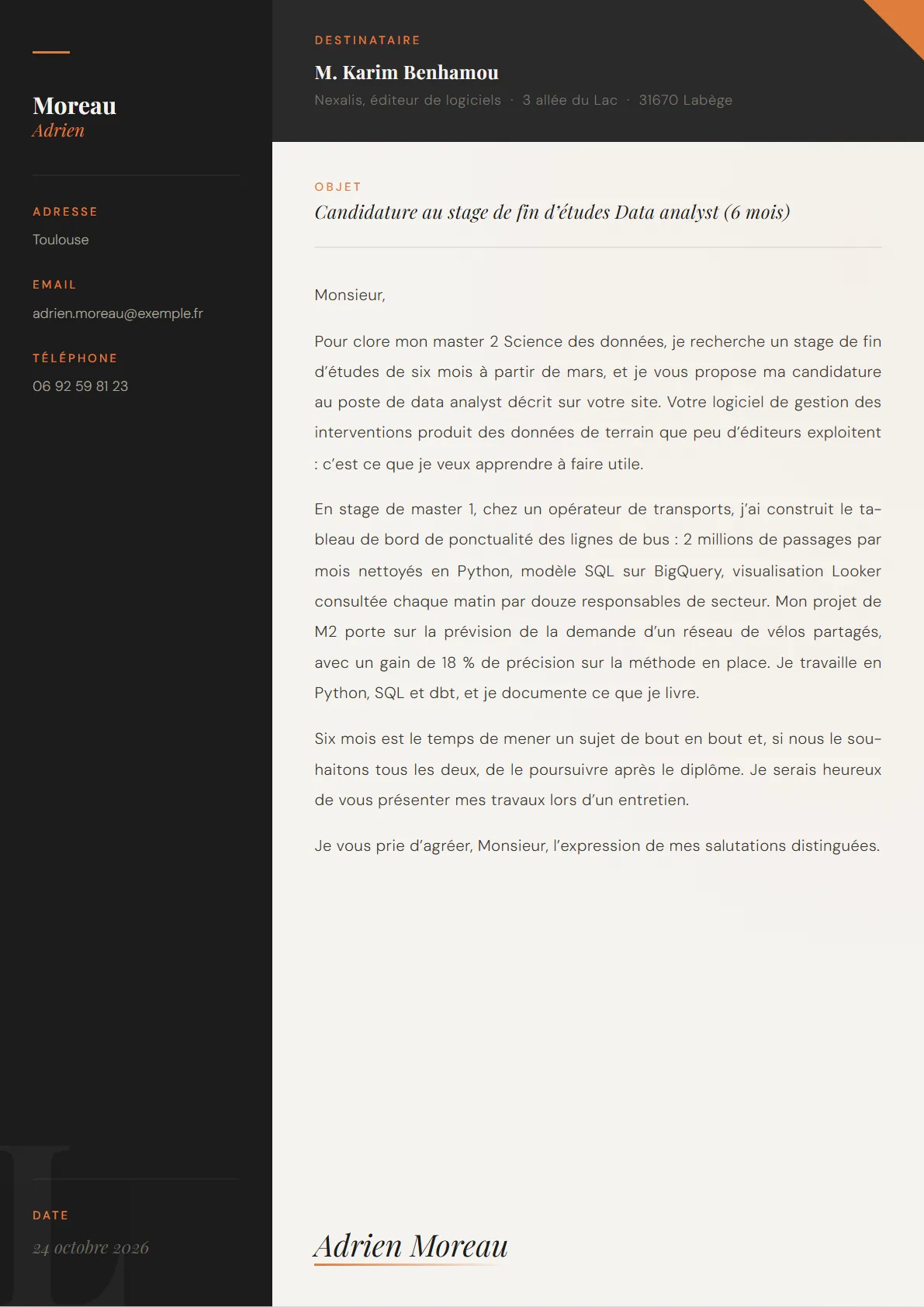 La lettre de Adrien Moreau, Étudiant en master Science des données
