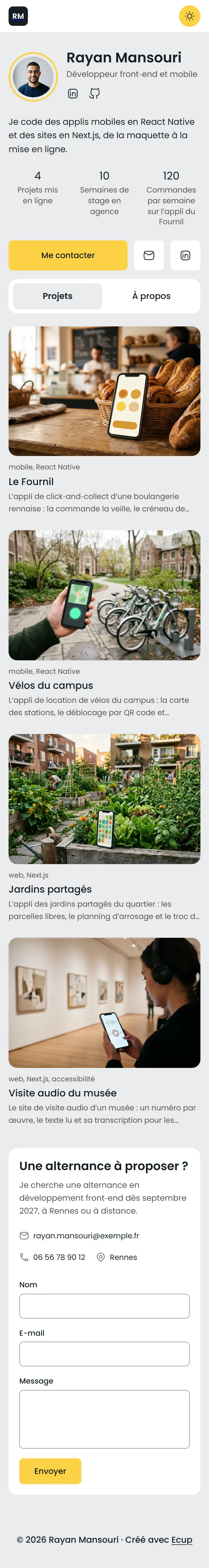 Modèle de portfolio Tournesol, sur téléphone